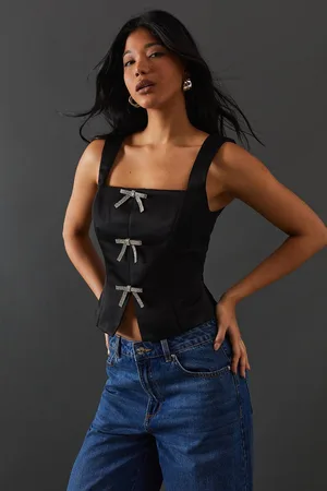 warehouse Womens Crystal Bow Satin Tie Front Corset Top - - 8