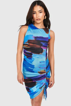 Boohoo Womens petite Ruched Hem Abstract Bodycon Dress - - 16