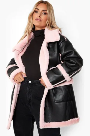 Boohoo Womens Plus Faux Fur Trim Longline Aviator Jacket - 16