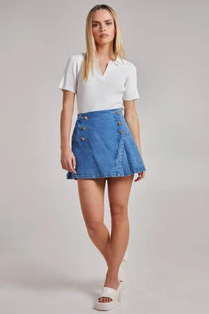 Pink Vanilla Womens Pleated Button Detail Denim Skirt - - 8