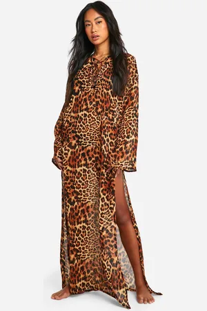 Boohoo Womens Leopard Lace Up Beach Cover-up Kaftan - - M