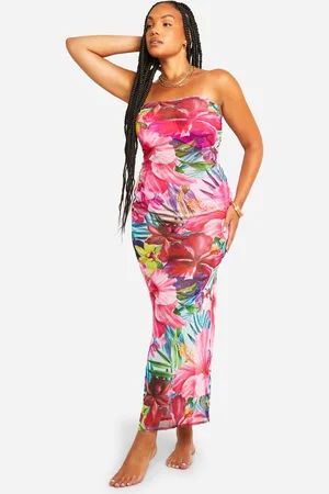 Boohoo Womens Plus Tropical Floral Print Bandeau Mesh Beach Dress - - 26