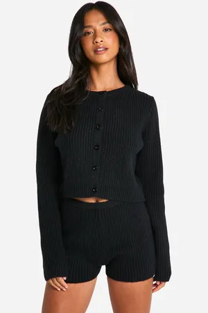 Boohoo Womens Petite Ribbed Cropped Cardigan And Micro Short Co Ord - - L