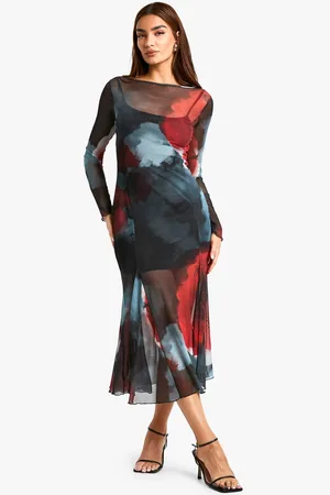 Boohoo Womens Slash Neck Floral Mesh Print Godet Hem Midaxi Dress - - 10