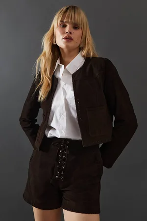 warehouse Womens Real Suede Cropped Whipstitch Jacket - - 12