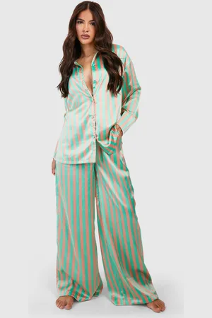 Boohoo Womens Oversized Stripe Satin Long Sleeve Shirt & Wide Leg Trousers Pyjama Set - - 10