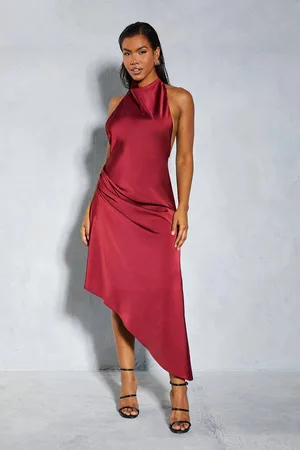 MissPap Womens Premium Satin Halterneck Low Back Asymmetric Midi Dress - - 8