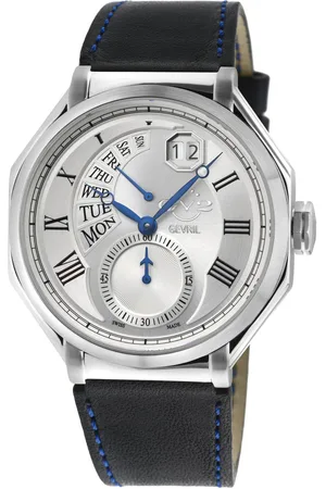 GV2 by Gevril Marchese Stainless Steel Case, Silver Dial Genuine Handmade Italian Dark Blue Leather Watch - - One Size
