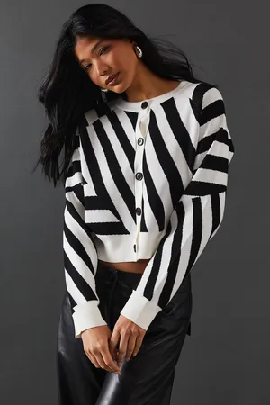 warehouse Womens Abstract Stripe Button Down Crop Cardigan - - L