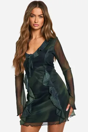 Boohoo Womens Abstract Mesh Flare Sleeve Mini Dress - - 14