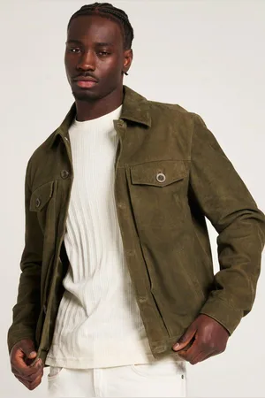 Barneys Originals Khaki Goat Suede Trucker Jacket - - L