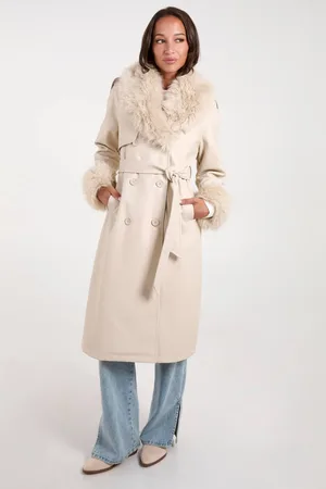 Blue Vanilla Womens Faux Fur Trim Double Breasted PU Coat - - 14