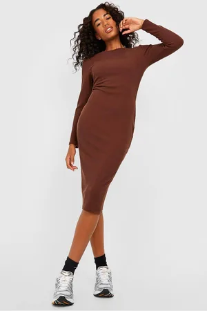 Boohoo Womens Crinkle Rib Long Sleeve Bodycon Dress - - 16