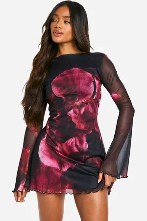 Boohoo Womens Blur Floral Mesh Flare Sleeve Mini Dress - - 12