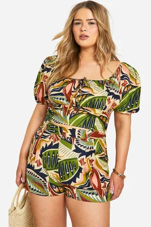 Boohoo Womens Plus Linen Feel Paisley Print Puff Sleeve Ruched Crop Top - - 26