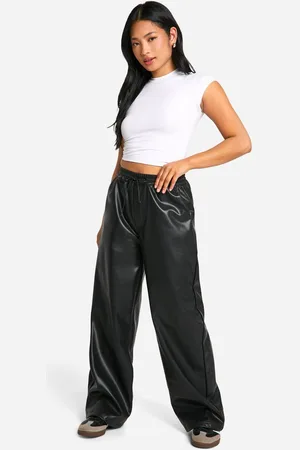 Boohoo Womens Petite Faux Leather Drawstring Wide Leg Trouser - - 12