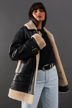 warehouse Womens Real Leather Aviator Jacket With Faux Fur Trim - - 8