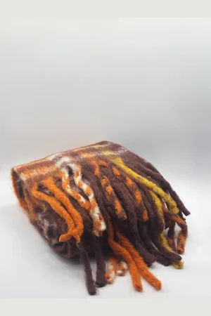 SVNX Orange and Brown Tartan Scarf with Tassels - - One Size