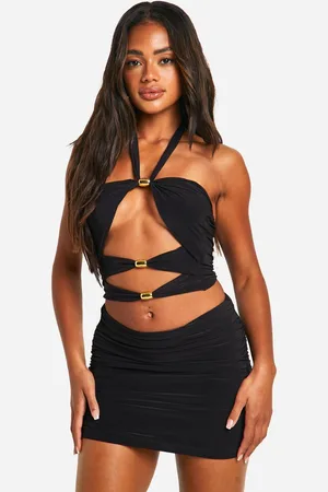 Boohoo Womens Double Slinky Cut Out Halter Neck Top and Mini Skirt - - 16
