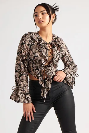 Urban Bliss Womens Floral Lattice Front Ruffle Top - - 12