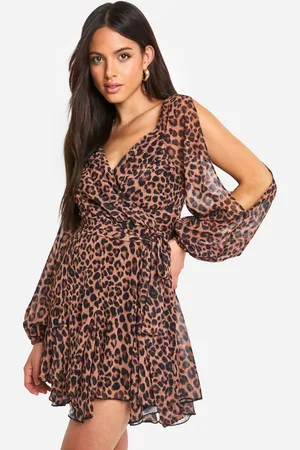 Boohoo Womens Leopard Chiffon Lace Back Puff Sleeve Wrap Skater Dress - - 10