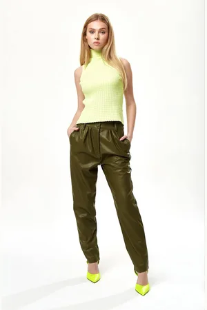 Liquorish Womens Tapered Leather Look Trousers in Khaki - - 12
