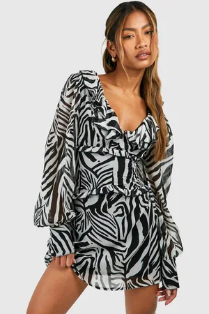 Boohoo Womens Zebra Chiffon Ruffle Skater Dress - - 18