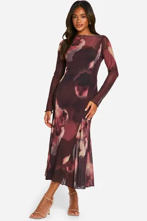 Boohoo Womens Slash Neck Floral Mesh Print Godet Hem Midaxi Dress - - 18