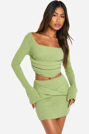 Boohoo Womens Rib Knit Corset Detail Top & Mini Skirt Co-ord - - L