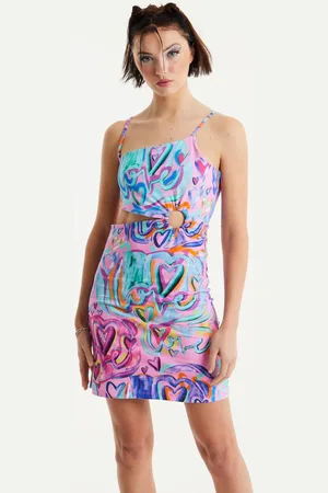 House of Holland Womens Heart Printed Jersey Mini Dress With Cut Out Details in Pink - - L