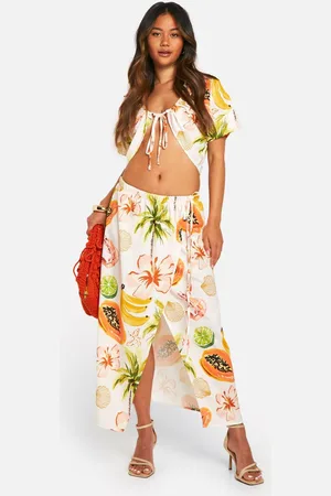 Boohoo Womens Hammered Palm Print Ruched Front Shirt & Wrap Midaxi Skirt - - 16