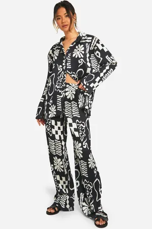 Boohoo Womens Abstract Print Plisse Wide Leg Trousers - - 6