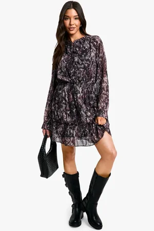 Boohoo Womens Print Chiffon Long Sleeve Skater Dress - 10