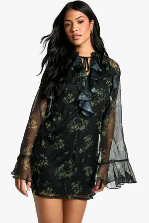 Boohoo Womens Tall Dark Floral Ruffle Flare Sleeve Shift Dress - - 10