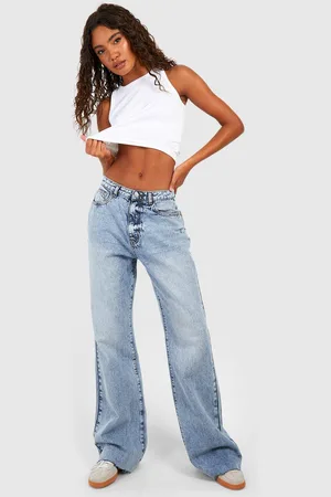 Boohoo Womens Tall Raw Fray Hem Straight Leg Jeans - - 14