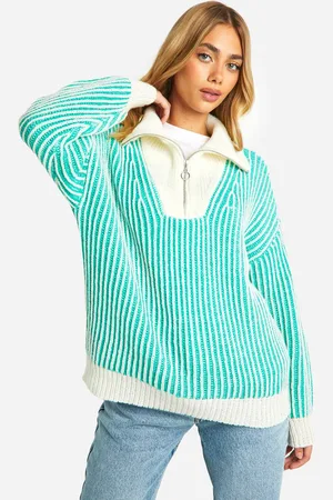 Boohoo Womens Two Tone Stripe Chunky Funnel Neck Jumper - - M
