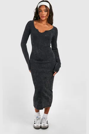 Boohoo Womens Acid Wash Notch Neck Long Sleeve Bodycon Midaxi Dress - - 14