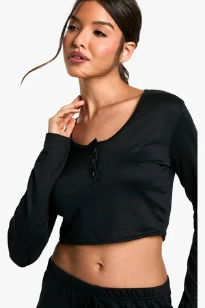 Boohoo Womens Loungewear Soft Touch Button Up Long Sleeve Crop Top - - 14