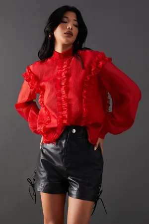 warehouse Womens Shirred Chiffon Ruffle Detail High Neck Blouse - 10