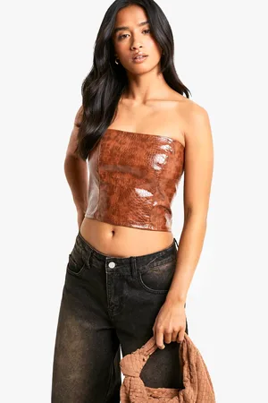 Boohoo Womens Petite Croc Look Faux Leather Bandeau Corset Top - - 16