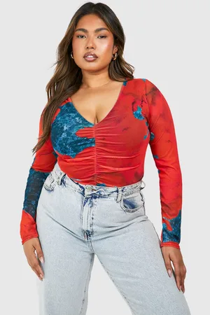 Boohoo Womens Plus Abstract Mesh Long Sleeve Bodysuit - - 20