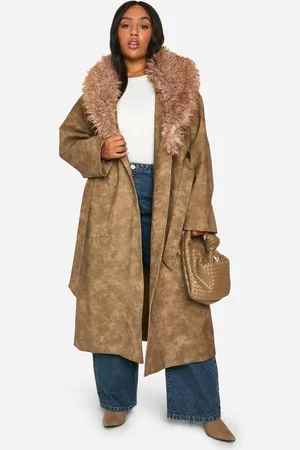 Boohoo Womens Plus Faux Fur Collar Vintage Look Faux Leather Trench Coat - - 22