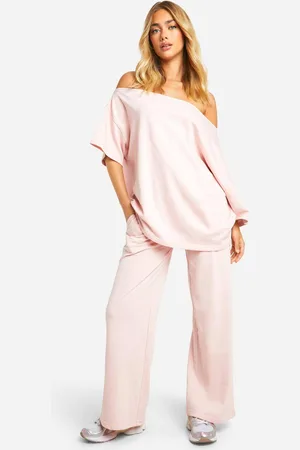 Boohoo Womens Loopback Asymmetric Bardot Short Sleeve Sweatshirt And Jogger Set - - S