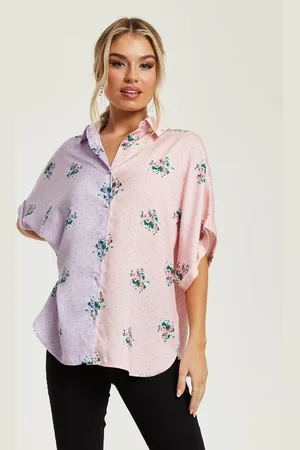 Liquorish Womens Pink And Lilac Floral Print Shirt With Short Sleeves - - 12