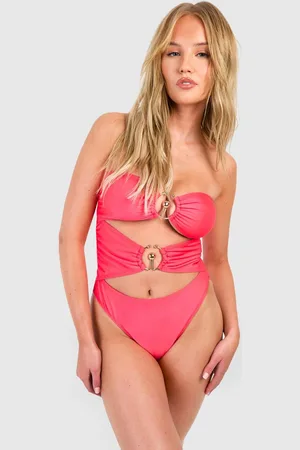 Boohoo Womens Gold Trim Bandeau Cut Out Swimsuit - - 12