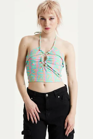 House of Holland Womens Logo Printed Halter Neck Crop Top - - M