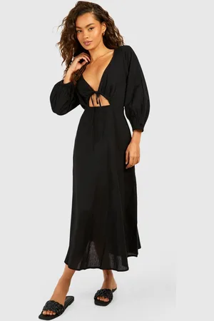 Boohoo Womens Linen Look Tie Front Puff Sleeve Midaxi Dress - - 10