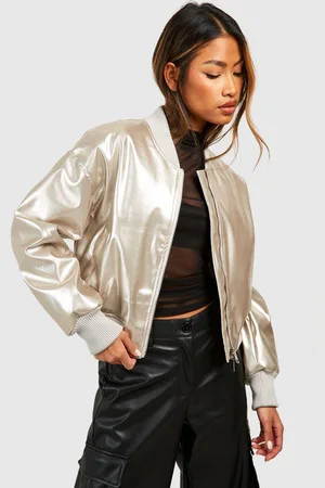 Boohoo Womens Metallic Vinyl Crop Faux Leather Bomber Jacket - - 14
