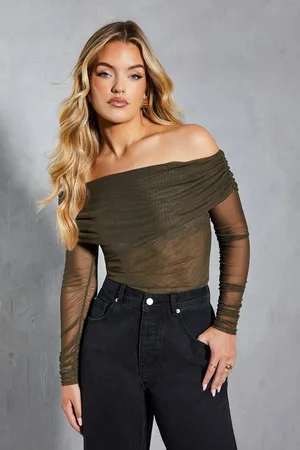 MissPap Womens Mesh Ruched Drape Bardot Long Sleeve Top - - 6