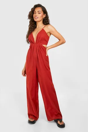 Boohoo Womens Linen Look Strappy Cut Out Jumpsuit - - 16